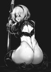  1girl ass back_cutout black_background blindfold breasts commentary_request from_behind full_body gloves greyscale hairband high_heels holding holding_sword holding_weapon juliet_sleeves leotard long_sleeves looking_at_viewer mole mole_under_mouth monochrome nier_(series) nier_automata puffy_sleeves short_hair simple_background sitting solo sumisu_(mondo) sword thigh-highs weapon yorha_no._2_type_b 