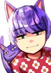  1boy absurdres animal_ears bangs black_eyes blunt_bangs cat cat_boy cat_ears cat_tail closed_mouth doubutsu_no_mori dual_persona eyebrows_visible_through_hair floral_print highres looking_at_viewer maitacoco multicolored_hair nikoban_(doubutsu_no_mori) personification pink_shirt shirt short_hair simple_background smile tail tail_raised two-tone_hair upper_body white_background yellow_sclera 