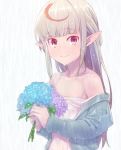  1girl bare_shoulders camisole commentary_request eyebrows_visible_through_hair flower grey_hair holding holding_flower jacket long_hair looking_at_viewer makaino_ririmu multicolored_hair navel nijisanji off_shoulder open_clothes open_jacket pointy_ears red_eyes redhead sabamen see-through sidelocks simple_background smile solo strap_slip streaked_hair upper_body virtual_youtuber wet white_background 