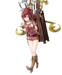  1girl anna_(fire_emblem) backpack bag bangs boots fire_emblem fire_emblem_awakening fire_emblem_heroes full_body highres kaya8 knee_boots long_hair official_art ponytail red_eyes redhead short_sleeves shorts solo tied_hair transparent_background weapon 