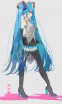  1girl armpit_peek arms_behind_back bare_shoulders black_legwear black_skirt blue_eyes blue_hair blue_neckwear blush breasts closed_mouth collared_shirt detached_sleeves eyebrows_visible_through_hair full_body grey_background grey_shirt hair_between_eyes half-closed_eyes hatsune_miku heart heart_background highres jitome legs_apart light_smile long_hair looking_to_the_side medium_breasts necktie pecchii pink_background pleated_skirt profile see-through shiny shiny_hair shirt sidelocks signature simple_background skirt sleeveless sleeveless_shirt sleeves_past_fingers sleeves_past_wrists solo standing thigh-highs twintails two-tone_background very_long_hair vocaloid zettai_ryouiki 
