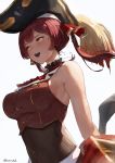  1girl alternate_eye_color armpit_crease ascot bangs bare_shoulders bicorne bodysuit_under_clothes breasts covered_navel hair_ribbon hat highres hololive houshou_marine jacket large_breasts looking_to_the_side medium_hair navel off_shoulder open_mouth red_jacket red_neckwear red_ribbon red_vest redhead ribbon sidelocks simple_background sleeveless solo twintails twitter_username upper_body upper_teeth vest virtual_youtuber white_background yellow_eyes zeradok 