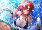  1boy 1girl azur_lane bikini black_bikini breasts goggles goggles_on_head highres large_breasts long_hair looking_at_viewer o-ring o-ring_bikini orange_eyes partially_submerged pool pool_ladder poolside redhead shiny shiny_hair shiny_skin side_ponytail solo_focus suru_(ksoo420) swimsuit water wet whistle whistle_around_neck zara_(azur_lane) zara_(poolside_coincidence)_(azur_lane) 