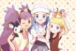  3girls :p animal_on_arm animal_on_head animal_on_shoulder beanie black_hair blonde_hair blue_eyes blue_hair brown_eyes dedenne double_v emolga eureka_(pokemon) gen_4_pokemon gen_5_pokemon gen_6_pokemon hair_ornament hairclip happy hat hikari_(pokemon) iris_(pokemon) long_hair medium_hair mei_(maysroom) multiple_girls on_head open_mouth pachirisu pokemon pokemon_(anime) pokemon_bw_(anime) pokemon_dppt_(anime) pokemon_xy_(anime) polka_dot polka_dot_background short_hair side_ponytail smile tongue tongue_out trait_connection upper_teeth v 