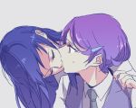  2girls blue_hair closed_eyes collared_shirt dokidoki!_precure fresh_precure! grey_background grey_neckwear hair_ornament hairclip hishikawa_rikka kenzaki_makoto kiss long_hair multiple_girls necktie negom precure purple_hair purple_vest shiny shiny_hair shirt short_hair simple_background sketch upper_body vest violet_eyes white_shirt wing_collar yuri 