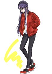  1girl black_headwear black_pants cardigan casual full_body hands_in_pockets hat heartcatch_precure! long_hair long_sleeves looking_at_viewer open_cardigan open_clothes pants precure purple_hair red_cardigan red_footwear shiny shiny_hair shirt shoes simple_background sneakers solo standing straight_hair tsukikage_oyama tsukikage_yuri very_long_hair white_background white_shirt 