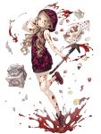  1girl blonde_hair blood blood_on_face blood_splatter bloody_clothes bloody_hands bloody_weapon cake crowbar food fruit full_body hood hoodie ji_no little_red_riding_hood_(sinoalice) long_hair looking_at_viewer official_art orange_eyes pocket_watch reality_arc_(sinoalice) shoes sinoalice sleeveless sneakers solo strawberry tongue tongue_out watch weapon white_background 