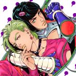  2boys artist_name black_hair blue_eyes bob_cut braid bruno_buccellati earrings food_themed_earrings green_hair hair_ornament hairclip jewelry jojo_no_kimyou_na_bouken lipstick makeup male_focus marion-ville multiple_boys necktie pannacotta_fugo stand_(jojo) sticky_fingers_(stand) strawberry_earrings vento_aureo yellow_lipstick zipper 