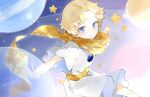  1boy baggy_clothes bangs blonde_hair blue_eyes blush bright_pupils eyebrows_visible_through_hair fate/grand_order fate/requiem fate_(series) floating glowing looking_at_viewer male_focus open_hand open_mouth parted_bangs planet robe scarf short_sleeves sky solo space star_(sky) star_(symbol) starry_background starry_sky sukybaba voyager_(fate/requiem) yellow_scarf 