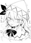  1girl blush capelet closed_mouth commentary_request finger_to_mouth frown greyscale harusame_(unmei_no_ikasumi) hat lily_white long_hair looking_at_viewer monochrome simple_background solo sweat tears touhou upper_body wavy_mouth white_background 