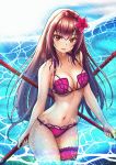  absurdres alternate_costume bikini bracelet breasts dual_wielding fate/grand_order fate_(series) flower gae_bolg hair_flower hair_intakes hair_ornament hibiscus highres holding jewelry jungtong large_breasts leg_garter ocean partially_submerged pink_bikini purple_bikini purple_hair red_eyes scathach_(fate)_(all) scathach_(swimsuit_assassin)_(fate) swimsuit 