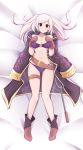  1girl absurdres alternate_eye_color belt bikini black_eyes blush breasts brown_gloves closed_mouth collarbone commission dakimakura eyebrows_visible_through_hair fire_emblem fizintine gloves highres large_breasts looking_at_viewer lying navel o-ring o-ring_bikini o-ring_top on_back purple_bikini robin_(fire_emblem) robin_(fire_emblem)_(female) smile solo swimsuit twintails white_hair 