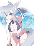  1girl animal_ears armband ass_visible_through_thighs bad_id bad_twitter_id bare_shoulders bikini blue_bikini blue_eyes blush breasts closed_mouth cowboy_shot eyebrows_visible_through_hair folded_ponytail fox_ears fox_tail highres inukaze_yamu large_breasts leaning_forward looking_at_viewer old_man original smile solo swimsuit tail when_you_see_it wristband 