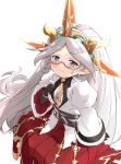  1girl belt black_gloves blue_eyes breasts center_opening glasses gloves granblue_fantasy harvin highres long_hair pointy_ears skirt small_breasts smile tiara very_long_hair white_background white_hair zahlhamelina 