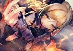  1girl arknights commentary_request eyebrows_visible_through_hair eyelashes hair_between_eyes hitsujike_(hamsterhouse) horns ifrit_(arknights) looking_at_viewer open_mouth orange_eyes platinum_blonde_hair slit_pupils solo yellow_nails 