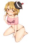  1girl bare_legs bare_shoulders barefoot bikini black_bikini black_headwear blonde_hair blush breasts collarbone commentary_request crescent flying_sweatdrops full_body harusame_(unmei_no_ikasumi) hat kneeling leaning_forward looking_at_viewer lunasa_prismriver medium_hair navel see-through simple_background small_breasts solo sweat swimsuit tilted_headwear touhou white_background yellow_eyes 
