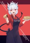  1girl absurdres apron bangs black_apron black_background blunt_bangs breasts character_name collarbone commentary_request demon_girl demon_horns demon_tail eyebrows_visible_through_hair fang food helltaker highres holding holding_plate horns long_hair looking_at_viewer lucifer_(helltaker) mole mole_under_eye pancake plate red_background red_eyes red_shirt shirt simple_background smile solo tail twtnw white_hair white_horns 