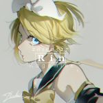  1girl 2019 arms_at_sides backlighting bare_shoulders big_eyes black_sailor_collar blonde_hair blue_eyes character_name chromatic_aberration close-up dated detached_sleeves expressionless eyebrows_visible_through_hair eyelashes face floating_hair glowing glowing_eyes grey_background hair_ribbon kagamine_rin lips looking_at_viewer musical_note neck_ribbon pecchii profile ribbon sailor_collar shaded_face shiny shiny_skin shirt short_hair signature simple_background sleeveless sleeveless_shirt solo text_focus treble_clef upper_body vocaloid white_ribbon white_shirt yellow_ribbon 