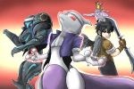  2boys 3others black_hair cosplay dark_pit dark_samus ditto fatal_fury_cap fingerless_gloves gen_1_pokemon gloves headband highres kicdon kid_icarus kid_icarus_uprising kusanagi_kyou kusanagi_kyou_(cosplay) legendary_pokemon looking_back metroid mewtwo multiple_boys multiple_others pikachu pokemon red_background red_eyes super_smash_bros. sylvie_paula_paula sylvie_paula_paula_(cosplay) terry_bogard the_king_of_fighters trait_connection wings 