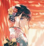  1girl black_eyes brown_hair eyebrows_visible_through_hair floral_print flower hair_flower hair_ornament hiten_(hitenkei) japanese_clothes kimono obi original portrait sash torii 