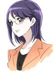  1girl alternate_costume alternate_hair_length alternate_hairstyle bangs black_shirt blazer collarbone cropped_torso glasses grey_eyes heartcatch_precure! jacket long_hair orange_jacket precure purple_hair rimless_eyewear shiny shiny_hair shirt short_hair simple_background solo swept_bangs tsukikage_oyama tsukikage_yuri white_background 