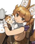  1girl animal_ear_fluff animal_ears bangs bare_shoulders bow bowtie brown_eyes brown_hair brown_skirt carpet chair coffee coffee_pot commentary commentary_request dhole_(kemono_friends) eating eyebrows_visible_through_hair food food_on_face fur_collar gloves highres japari_symbol kemono_friends kemono_friends_3 looking_at_viewer multicolored_hair pizza plate pleated_skirt rinx shirt sitting skirt sleeveless sleeveless_shirt solo tail two-tone_hair white_background white_gloves white_hair 