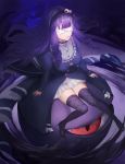  1girl bangs black_footwear black_headband black_legwear blunt_bangs breasts covered_eyes dress drill_locks eyeball eyeball_hair_ornament headband highres hijinrui_gakuen long_hair medium_breasts purple_hair sidelocks sitting solo suiseki thigh-highs 