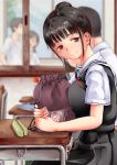  2boys 2girls bag black_hair black_skirt classroom desk looking_at_viewer multiple_boys multiple_girls pencil_case roku-jou school_desk school_uniform shirt short_sleeves sitting skirt smile white_shirt window 