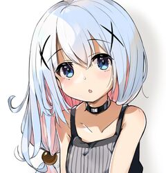  1girl :o bangs bare_shoulders black_choker blue_eyes blue_hair blush camisole choker collarbone commentary_request eyebrows_visible_through_hair gochuumon_wa_usagi_desu_ka? hair_between_eyes hair_ornament highres houjichaoic kafuu_chino long_hair looking_at_viewer low-tied_long_hair multicolored_hair parted_lips pink_hair shadow solo striped two-tone_hair vertical_stripes white_background x_hair_ornament 