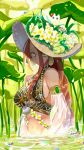  1girl absurdres breasts brown_hair detached_sleeves earrings flower green_eyes hat hat_flower highres jewelry lily_pad long_hair medium_breasts midriff mochiya99 navel outdoors pixiv_fantasia pixiv_fantasia_last_saga sideboob smile very_long_hair wading water 