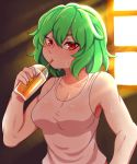  1girl cup drink drinking green_hair highres kazami_yuuka lanalopez92 red_eyes shirt short_hair solo sweat touhou vest wavy_hair white_shirt 