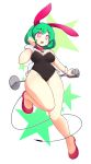  1girl absurdres animal_ears bare_legs bell bell_collar breasts bunny_tail bunnysuit collar commission covered_navel fizintine green_hair highres medium_breasts microphone_stand original rabbit_ears shoes short_hair solo star_(symbol) tail violet_eyes white_background 