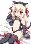  1girl animal_ears bangs bell black_gloves black_legwear black_leotard blonde_hair breasts cat_ears cat_tail center_opening commentary_request elbow_gloves eyebrows_visible_through_hair fate/kaleid_liner_prisma_illya fate_(series) gloves highleg highleg_leotard illyasviel_von_einzbern jingle_bell leotard long_hair looking_at_viewer navel paw_gloves paws red_eyes red_ribbon ribbon simple_background sitting small_breasts smile tail thigh-highs thighs toshishikisai white_background 