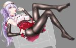 1girl ajax_(azur_lane) azur_lane bangs black_legwear bow breasts candy elbow_gloves food gloves grey_background hair_bow hat large_breasts lollipop long_hair looking_at_viewer no_shoes on_bed open_mouth oukama pantyhose red_eyes silver_hair sitting sitting_on_bed soles solo thigh-highs tongue tongue_out 