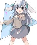  1girl \n/ animal_ears bangs blue_bow blue_eyes blue_hair blush bow commentary_request eyebrows_visible_through_hair fake_animal_ears gochuumon_wa_usagi_desu_ka? grey_skirt grey_sweater hair_between_eyes hair_ornament hairband highres houjichaoic kafuu_chino long_hair long_sleeves looking_at_viewer nose_blush open_mouth puffy_long_sleeves puffy_sleeves rabbit_ears ribbed_sweater skirt solo standing sweater very_long_hair white_hairband x_hair_ornament 