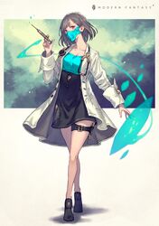  1girl bangs belt blush breasts closed_mouth coat collarbone doctor english_text full_body gradient_hair grey_hair highres holding holding_needle holding_syringe kusano_shinta labcoat light_smile long_sleeves looking_at_viewer mask multicolored_hair open_clothes open_coat original red_eyes shoes short_hair simple_background sleeve_cuffs smile solo squirting standing stethoscope symbol syringe 