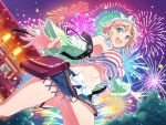  1girl :d aerial_fireworks bag bare_shoulders blue_skirt blush breasts bush denim denim_skirt detached_collar fireworks green_eyes hachimaki hair_between_eyes hair_ornament hairclip hanabi_(senran_kagura) headband highres japanese_clothes kimono large_breasts looking_at_viewer navel night official_art open_mouth orange_hair red_stripes ribbon sandals satchel senran_kagura short_hair shrine skirt sky smile solo striped tank_top white_ribbon yaegashi_nan 