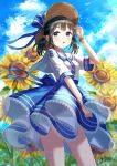 1girl arm_up bangs black_hair blue_bow blue_eyes blue_skirt blue_sky blurry blurry_background blush bow breasts brown_headwear clouds cloudy_sky commentary_request day depth_of_field eyebrows_visible_through_hair flower hand_on_headwear hat hat_bow highres looking_at_viewer low_twintails original outdoors parted_lips pleated_skirt ruda_(ruda_e) sailor_collar shirt short_twintails skirt sky small_breasts solo standing striped striped_bow sun_hat sunflower twintails watch watch white_sailor_collar white_shirt yellow_flower 