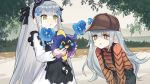  1other 2girls brown_eyes character_request chinese_commentary commentary_request deerstalker g11_(girls_frontline) girls_frontline green_eyes hat highres hk416_(girls_frontline) jizhi_shaojiu mini_hat multiple_girls pokemon pokemon_(creature) silver_hair suspenders younger 