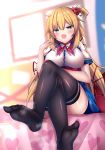  1girl :d akai_haato black_legwear blonde_hair blue_eyes blush breasts crossed_legs fang feet hair_ornament hair_ribbon heart heart_hair_ornament highres hololive long_hair open_mouth ribbon school_uniform shiki_(catbox230123) short_sleeves sitting smile solo steaming_body thigh-highs very_long_hair virtual_youtuber 