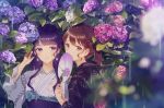  2girls bangs black_kimono blue_flower blunt_bangs blurry blurry_foreground blush brown_hair covering_mouth depth_of_field earrings eyebrows_visible_through_hair fan flower flower_earrings hair_ornament hairclip hand_up holding holding_fan hydrangea japanese_clothes jewelry kimono kusaka_kou leaf leaf_print long_hair looking_at_viewer multiple_girls original outdoors paper_fan parted_lips pink_eyes pink_flower plant ponytail print_kimono purple_hair rain uchiwa upper_body violet_eyes water white_kimono x_hair_ornament yukata 