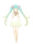  1girl aqua_eyes aqua_hair ayu_(mog) blue_eyes blue_hair bouquet bright_pupils dress flower full_body gradient_dress gradient_hair green_hair hatsune_miku holding holding_flower looking_at_viewer multicolored_hair pink_flower shoes short_dress solo standing twintails vocaloid white_background white_dress white_footwear white_pupils 