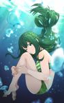  1girl :&gt; asui_tsuyu bangs bare_arms bare_shoulders barefoot bikini black_eyes boku_no_hero_academia breasts commentary_request eyebrows_visible_through_hair from_side green_bikini green_hair hair_between_eyes hair_rings highres in_water kobaji large_breasts long_hair looking_at_viewer one_eye_closed smile solo swimsuit underwater 