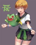  1girl absurdres bike_shorts breasts brown_eyes brown_hair bulbasaur gen_1_pokemon highres open_mouth persona persona_4 pokemon satonaka_chie short_hair simple_background skirt solo yuuten 