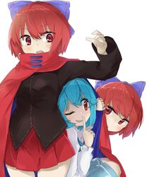  2girls bangs black_shirt blue_bow blue_hair blue_skirt bow cape cloak disembodied_head eyebrows_visible_through_hair floating_head hair_bow highres juliet_sleeves long_sleeves miniskirt multiple_girls nukekubi one_eye_closed puffy_sleeves red_cape red_cloak red_eyes red_skirt redhead sekibanki shirt short_hair skirt tatara_kogasa touhou tyouseki white_shirt 