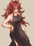  1girl alternate_costume android_21 bare_shoulders beige_background black_dress blue_eyes bracelet breasts dragon_ball dragon_ball_fighterz dress glasses hand_on_hip jewelry kemachiku long_hair medium_breasts redhead simple_background sketch solo 