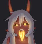  1girl absurdres black_background black_sclera collarbone demon_girl demon_horns eyebrows_visible_through_hair glowing glowing_eyes glowing_tongue hair_between_eyes highres horns li_(rob_ishi) long_hair long_tongue looking_at_viewer nude open_mouth orange_eyes original pointy_ears portrait rob_ishi saliva solo teeth tongue watermark white_hair 