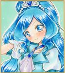  1girl adjusting_hair bangs blue_dress blue_eyes blue_hair blush collarbone commentary_request cure_fontaine dress eyebrows_visible_through_hair gloves graphite_(medium) healin&#039;_good_precure highres long_hair looking_at_viewer marker_(medium) nekofish666 portrait precure puffy_sleeves shiny shiny_hair smile solo swept_bangs tiara traditional_media wavy_hair white_gloves 