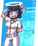  1girl angel arm_up azazel_(helltaker) black_hair blue_eyes breasts character_name collared_shirt cowboy_shot eyebrows_visible_through_hair gloves hair_ribbon halftone halo helltaker looking_at_viewer medium_breasts open_mouth outline ribbon salute setter_(seven_stars) shirt shirt_tucked_in short_hair short_sleeves smile solo white_gloves white_outline white_ribbon white_shirt zoom_layer 