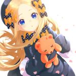  1girl abigail_williams_(fate/grand_order) bangs black_bow black_dress black_headwear blonde_hair blue_eyes blush bow breasts dress fate/grand_order fate_(series) forehead hair_bow hat highres hitoribotti long_hair looking_at_viewer multiple_bows open_mouth orange_bow parted_bangs petals polka_dot polka_dot_bow ribbed_dress simple_background sleeves_past_fingers sleeves_past_wrists small_breasts stuffed_animal stuffed_toy teddy_bear white_background 